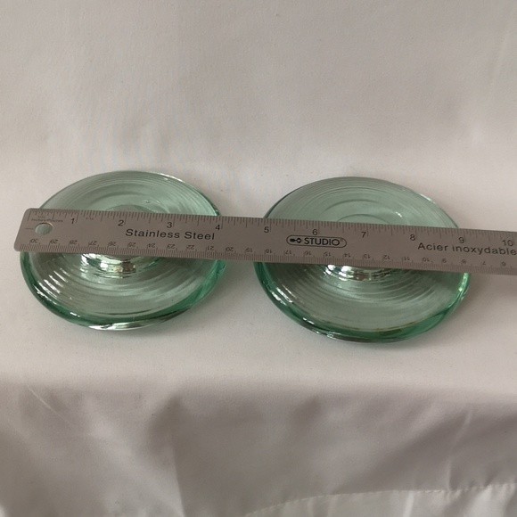 Quality Green Glass Set of Two Disk Shaped Cherison Glass Candle Holders New - Picture 6 of 6